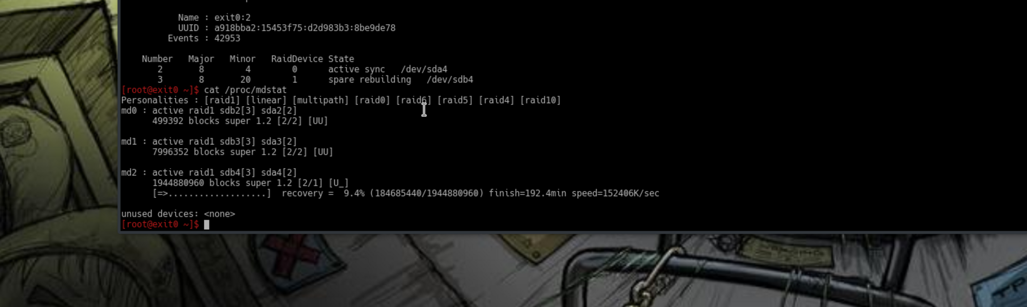 RAID recovering Linux Software RAID beim Synchronosieren der Daten nach dem Austausch einer defekten Festplatte.